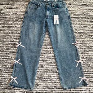 Women’s Light Blue Wide-Leg Jeans with Side Bow Details